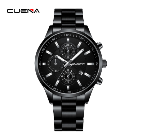 CUENA Original Men's Watches Stainless Steel Fashion Luxury Casual Business Quartz Analog Waterproof Watch BLACK SILVER