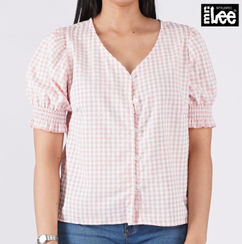 Stylistic Mr. Lee Ladies Basic Woven V Neck Button Down Top for Women Trendy Boxy Fit 141188 Pink