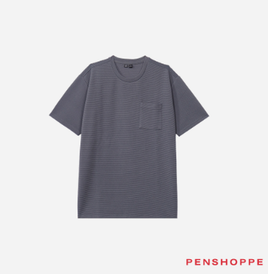 Penshoppe Relaxed Fit Ribbed Knit T-Shirt With Pocket For Men Blue StoneOff White/Sand