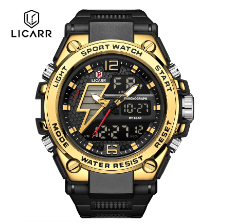 LICARR Brand Men's Watches Original Analog Digital Fashion Casual Sports Men's Watch Stopwatch Waterproof Date Alarm 9513 GOLD