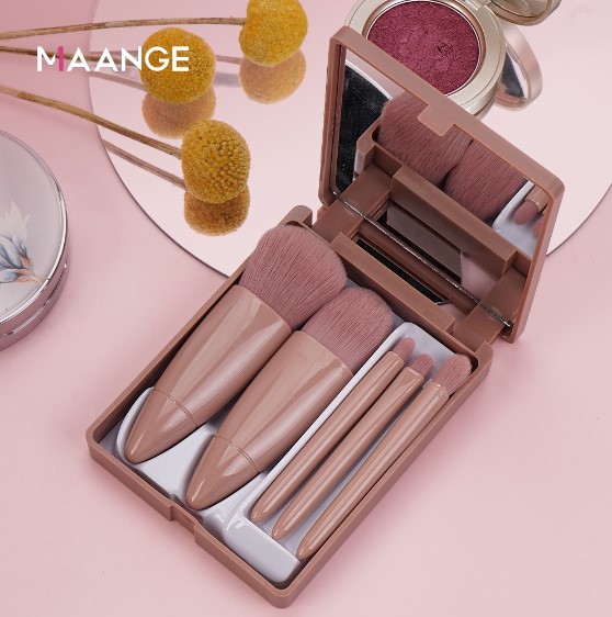 Maange Make Up Brushes Set with Mirror Convenient To Carry for Travel 5Pcs