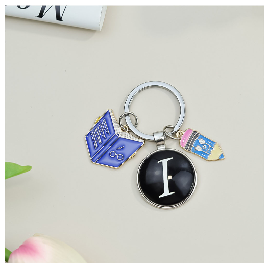 1Pcs Simple Glass 26 Letter Keychains Fashion Book Pencil A-Z Initials Keyrings Student Gifts Souvenir Handbag Pendant Ornament I
