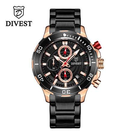 DIVEST Waterproof Watch Men Brand Business Fashion Casual Quartz Original Men's Watches Calendar Luminous 9012 ROSEGOLD BLACK