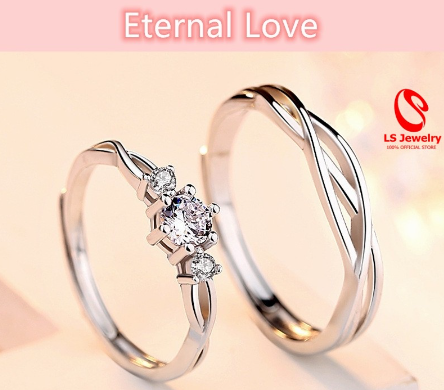 LS Jewelry 2pcs 925 Silver Couple Ring Crystal Diamond Couple Wedding Adjustable Rings R134