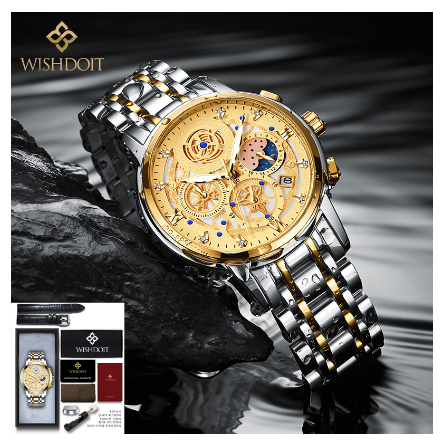 WISHDOIT Watch for Men Original Waterproof Stainless Steel Multifunction Chronograph Calendar Luminous Business Fashion Watch SILVER GOLDEN A