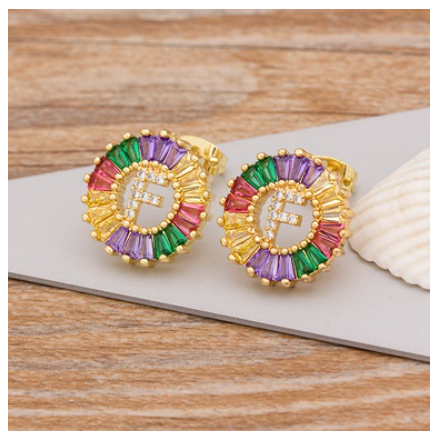 Colorful Choice 26 Initial Letters Earrings Cute Alphabet Copper CZ A-Z Rainbow Stud Earrings Name Jewelry F