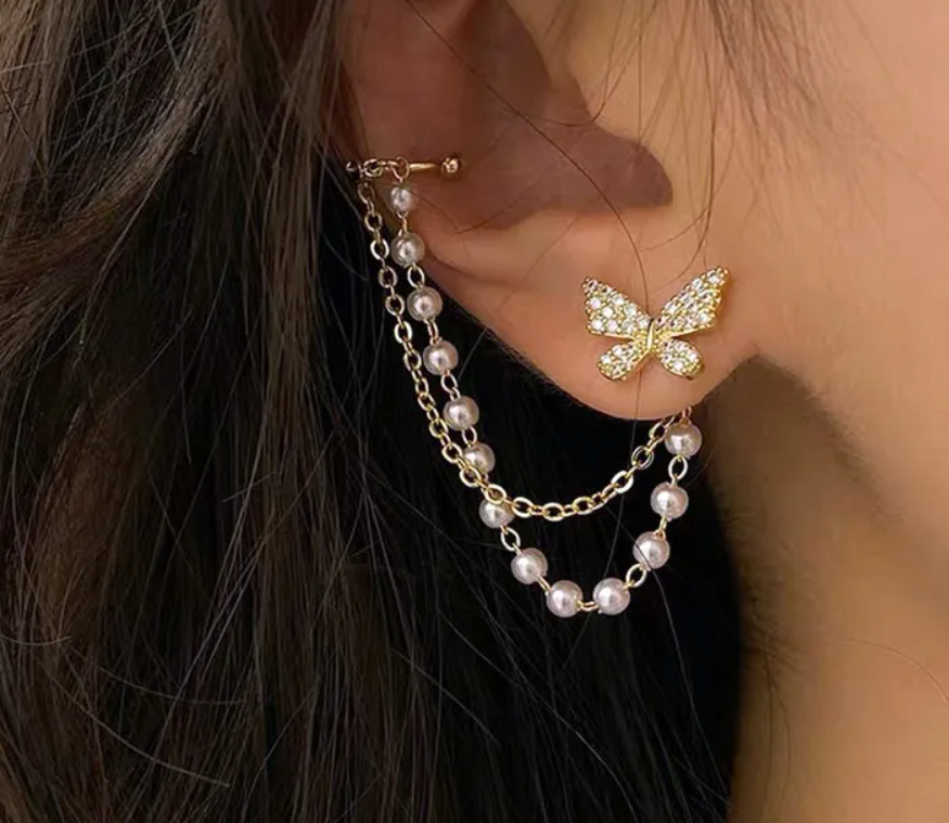 S925 Silver Two-piece Butterfly Pearl Ear Clip Earrings For Women Hypoallergenic Elegant Pearl Chain Tassel Stud Earrings Fashion Jewelry Gift Accessories