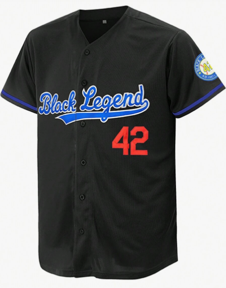 Men's Embroidery Baseball Jersey 42 Black Casual Short Sleeve V-Neck Button T-Shirts Party Sports Top