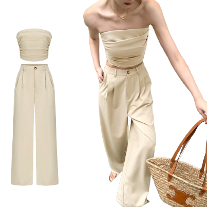 Lovito Women Ruched Pants Sets L62ED117 (Top/Pants)