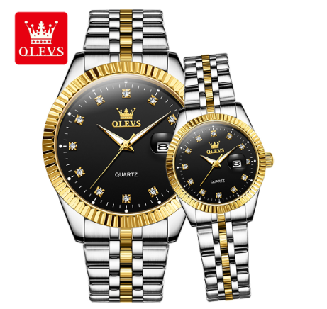 Olevs Couple Watch Waterproof Quartz Original Stainless Steel Unfading Luminous Calendar Fashion Watch BLACK DIAL TWO TONE