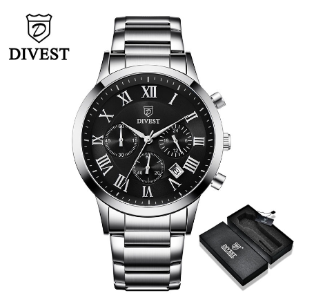 DIVEST Men's Watches Brand Fashion Luxury Sport Stainless Steel Business Quartz Men Watch Waterproof 9009 SILVER BLACK