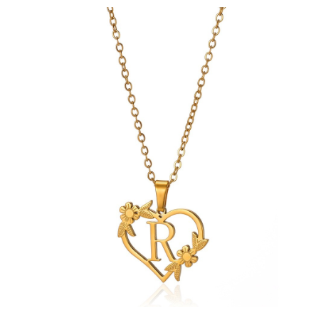 New Personalized Creative Gold Plated Stainless Steel Love Flower Hollow Heart A-Z Letter Necklace Initial Name Pendant Women's R