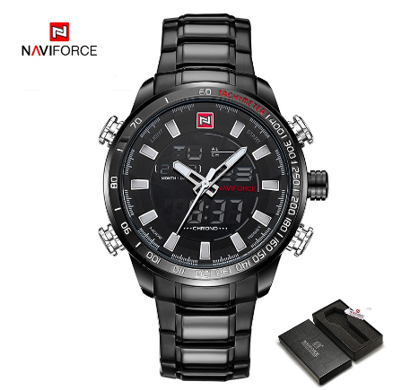 Naviforce Men Gold Dual Time Casual Fashion Stainless Steel Luminous Waterproof Wristwatch BLACK