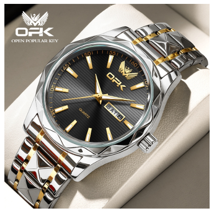 OPK Mens Watch Waterproof Original Quartz Luminous Calendar Stainless Steel Watch BLACK DIAL TWO TONE STRAP