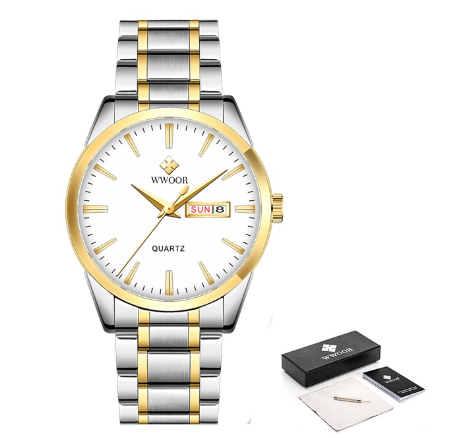 Wwoor Watch Men Stainless Steel Waterproof Quartz Wristwatch Date Relogio Masculino Watch WHITE DIAL TWO TONE