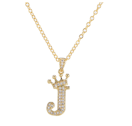 Luxury Crystal Zircon Alphabet Pendant Necklaces for Women Men Gold Crown Initial Letter Necklace J