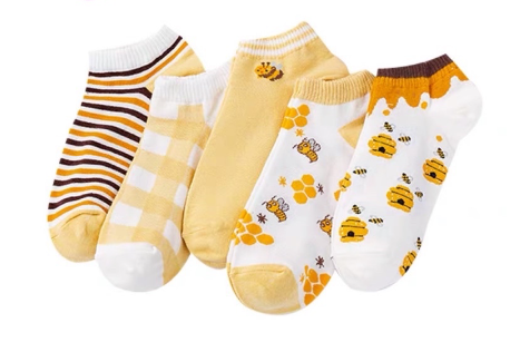 Set of 5 Pair Honey Yellow Printed Socks Couple Socks Unisex Fashion Iconic Socks