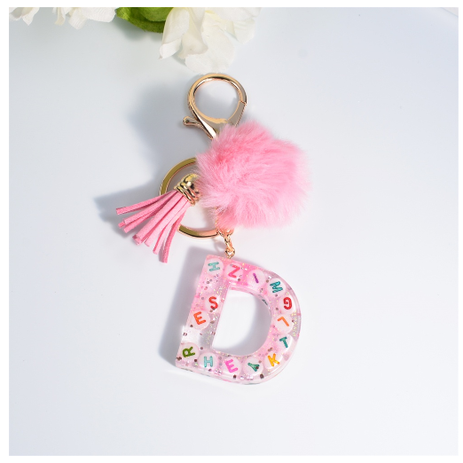 Exquisite Pink A-Z Letter Resin Keychain With Hairball 26 Initials Keyring Charms Women Bag Ornament Best Festival Gift D