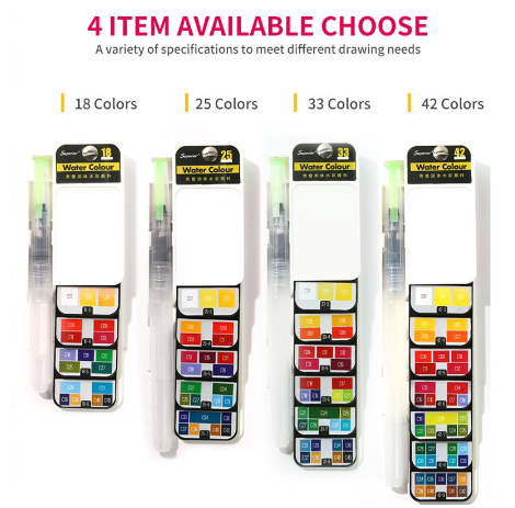 SeamiArt Superior 18 25 33 42 Colors Fan Shaped Solid Watercolor Set With 1 Pc. Water Brush