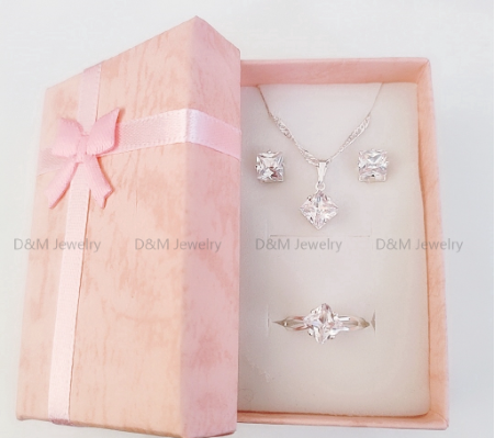 925 Silver Set 3 in1 Earrings Necklace Ring Size Adjustable For Women With Free Box