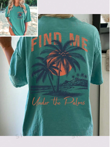 SHEIN EZwear Tropical T-Shirt For Beach Summer With Comfortable Colored Back Design, Vintage Island Style Graphic Top For Travel, Vacation, Sunset Shirt