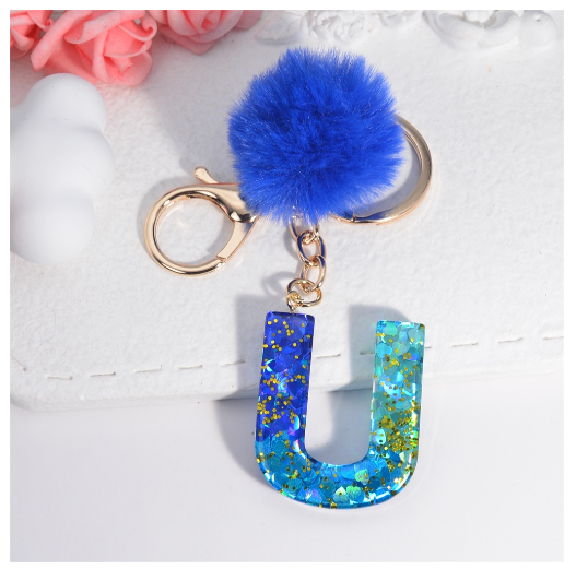 Exquisite Blue Pompom A-Z 26 Letter Keychain Glitter Heart Sequin Filled Initials Keyrings Bag Accessories Charm Car Keyholder U