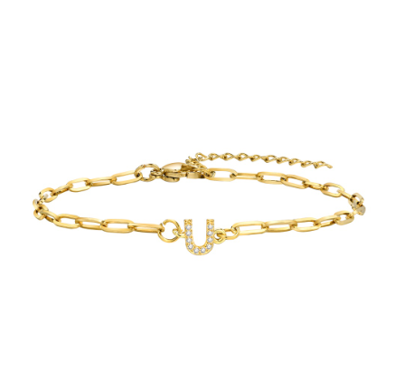 Vnox 18K Gold Zircon Initial Bracelet,Letter Charm Link Stainless Steel Flat Cross Bracelet U