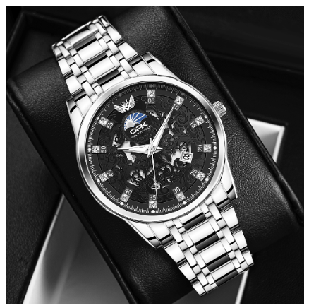 OPK Watch For Men Waterproof Luminous Quartz Original Calendar Diamond Stainless Steel Strap Watch BLACK DIAL SILVER STRAP