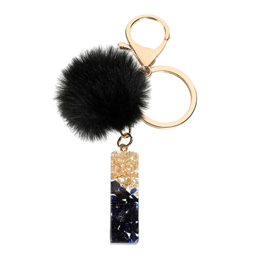 New Black Pompom 26 English Alphabet Resin With Gold Foil Keychain Charms Exquisite Letter Keyring I