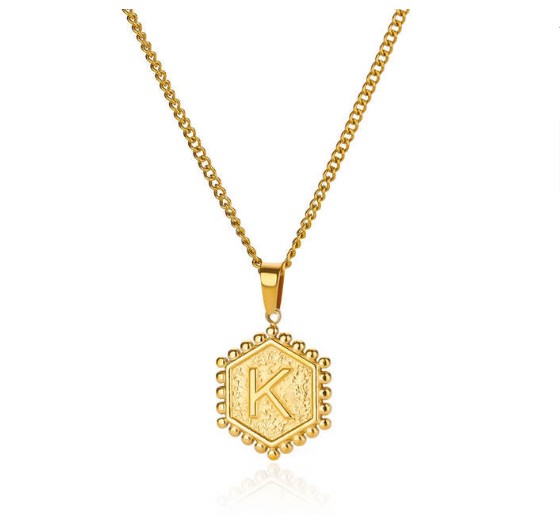 Fashion Hexagon A-Z Letter Necklaces For Women Stainless Steel Initial Hexagon Pendant Necklace K