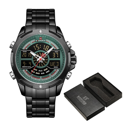 Naviforce Men's Luxury Gold Digital Chronograph Military Sport Quartz Stainless Steel Waterproof Alarm WristWatch GREEN BLACK