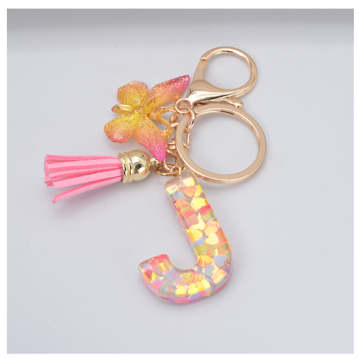 Exquisite 26 Letter Resin Keychain with Pink Tassel Gradient Butterfly Pendant Key Ring Women Bag Ornaments Accessories J