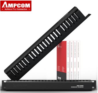 AMPCOM Vertical Cable Manager 1U Cable Management Horizontal Mount 19 Inch Server Rack , 12/24 Slot Metal Finger Duct Wire