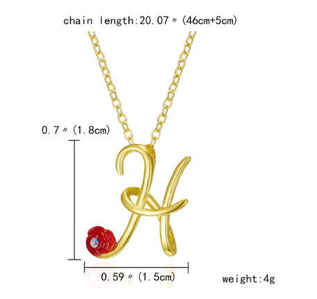 Fashion 26 Letter Necklace Ladies Red Rose Flower Clavicle Pendant Necklace Rhinestone Retro English Letter Necklace H