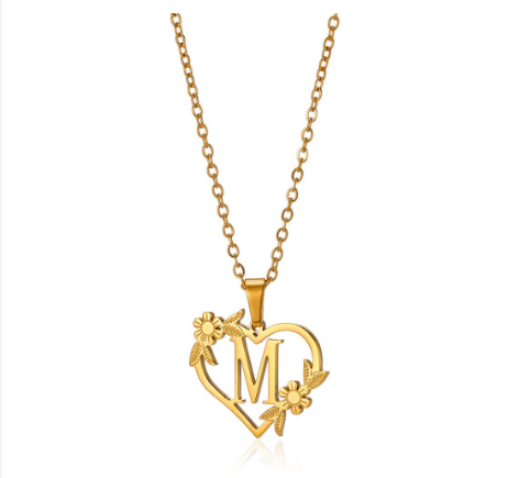 New Personalized Creative Gold Plated Stainless Steel Love Flower Hollow Heart A-Z Letter Necklace Initial Name Pendant Women's M