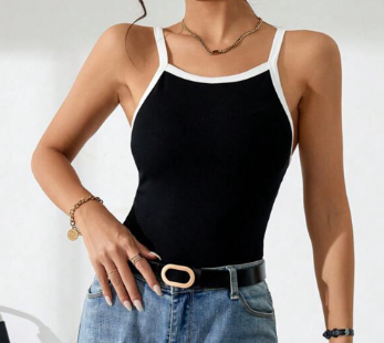 Lovito Women Casual Plain Contrast Binding Cami Top LNL35026 Black