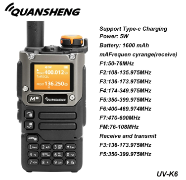 Quansheng UV K6(K5-8) Walkie Talkie UHF/VHF/AM/FM Two Way Radio 5W 200 CH Radio Walkie Talkie Long Range