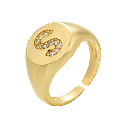 Maxzone A-Z Letter Hip Hop Gold Color Metal Finger Rings Adjustable Opening Ring Initials Name Alphabet Female Party Fashion Jewelry S