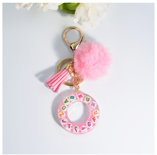Exquisite Pink A-Z Letter Resin Keychain With Hairball 26 Initials Keyring Charms Women Bag Ornament Best Festival Gift O