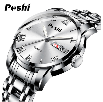 POSHI Dual Calendar Watch Men Waterproof Luminous Automatic Stainless Steel Quartz 06