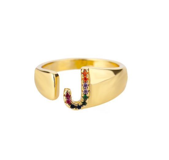 Maxzone Fashion Colorful Chunky Wide Letter A-Z Rings For Women Gold Opening Initial Letter Ring Femme Wedding Party Jewelry J