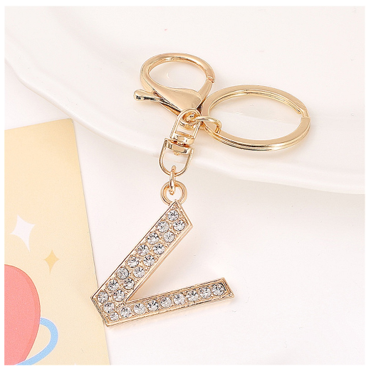 Simple Rhinestone 26 Letter Keychain Gold Color A-Z Initials Metal Keyrings For Women Car Keyholder Accessories Birthday Gifts V