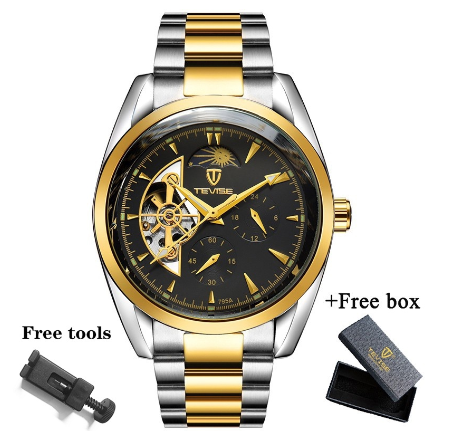 TEVISE Watch for men Automatic analog Skeleton Gold Luxury Stainless Steel Strap Waterproof Tourbillon 795A 8