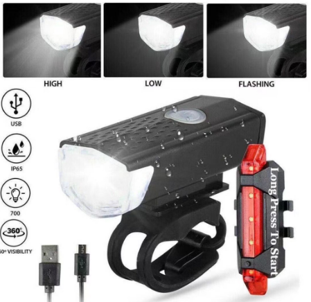 1set LED Bicycle Headlight Front Rear Light USB Rechargeable Waterproof&Bright taillight