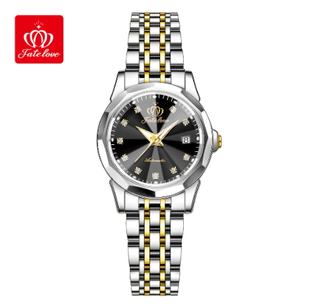 Fate Love Watch For Women Waterproof Original With Box Blue Sliver Womens Female Watches Stainless Steel Watch BLACK DIAL TWO TONE