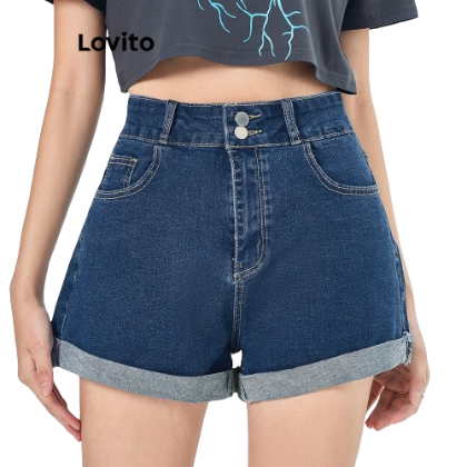 Lovito Women Double Button Pocket Roll Up Denim Shorts L68ED113 (Blue)