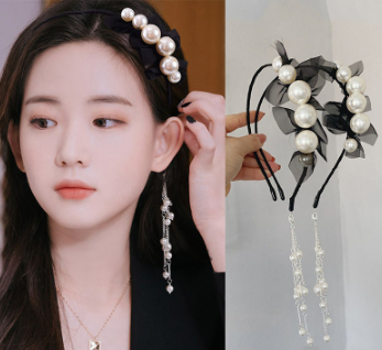 Korean Lace Bow Pearl Tassel Hair Band Woman Detachable Pendant Headband Hair Accessories