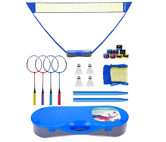 Portable Badminton Net Set with Storage Base, Badminton Set with 10x5 ft Net,4 Badminton Rackets,4 Shuttlecocks and 8 Grip Tape,Family Game,Kids, Beach Backyard Combo Set