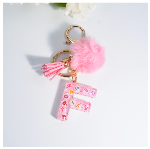 Exquisite Pink A-Z Letter Resin Keychain With Hairball 26 Initials Keyring Charms Women Bag Ornament Best Festival Gift F