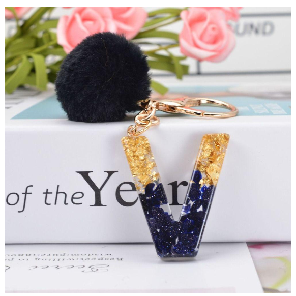 Lanfy Black Pompom Letter Keychain 26 Letter Initials Alphabet A To Z 26 Alphabet Keyring Cute A To Z 26 Black Pompom Resin Birthday Gifts V